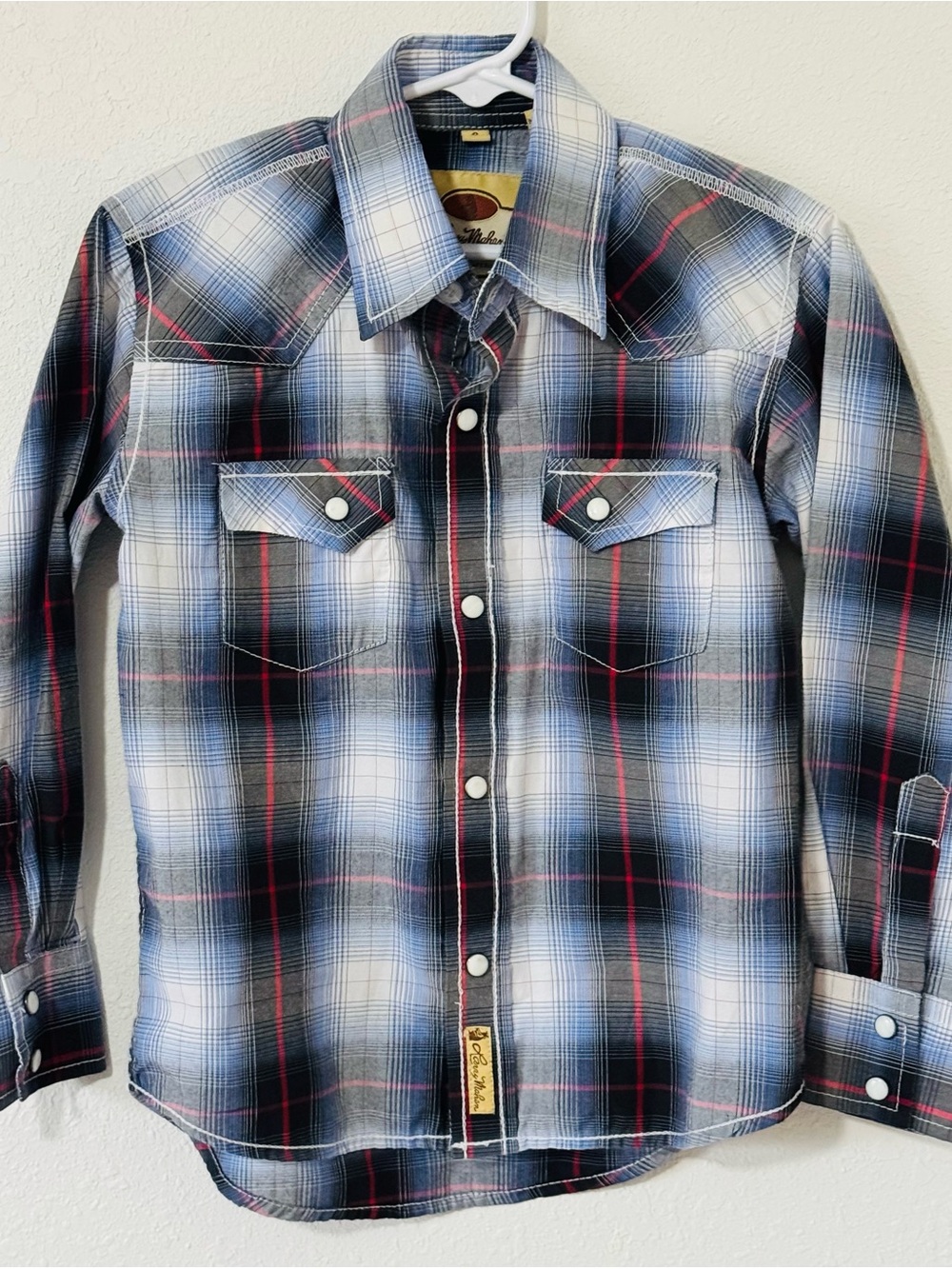 Little Boy’s Larry Mahan Blue, Black & White Plaid Western Snap Shirt Size Small